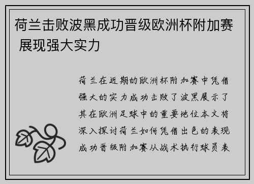 荷兰击败波黑成功晋级欧洲杯附加赛 展现强大实力