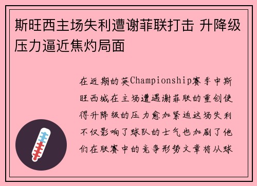 斯旺西主场失利遭谢菲联打击 升降级压力逼近焦灼局面