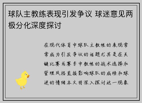 球队主教练表现引发争议 球迷意见两极分化深度探讨