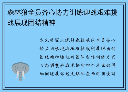 森林狼全员齐心协力训练迎战艰难挑战展现团结精神