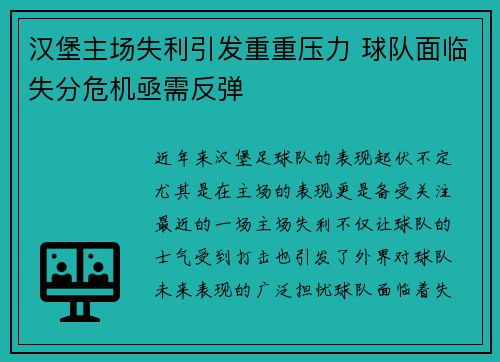 汉堡主场失利引发重重压力 球队面临失分危机亟需反弹