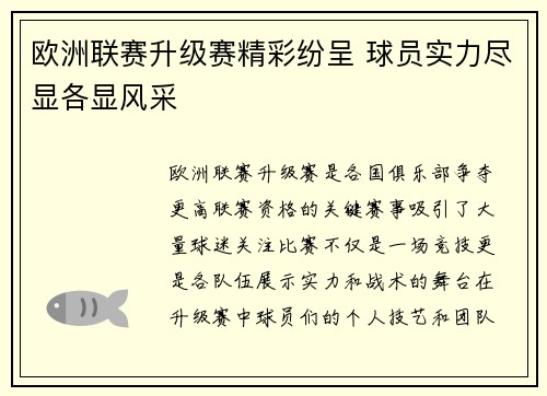 欧洲联赛升级赛精彩纷呈 球员实力尽显各显风采