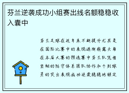 芬兰逆袭成功小组赛出线名额稳稳收入囊中