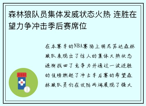 森林狼队员集体发威状态火热 连胜在望力争冲击季后赛席位