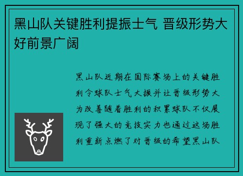 黑山队关键胜利提振士气 晋级形势大好前景广阔