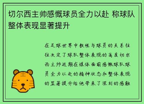切尔西主帅感慨球员全力以赴 称球队整体表现显著提升