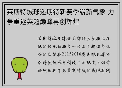 莱斯特城球迷期待新赛季崭新气象 力争重返英超巅峰再创辉煌