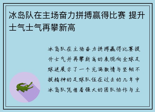 冰岛队在主场奋力拼搏赢得比赛 提升士气士气再攀新高