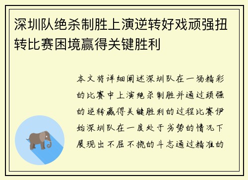深圳队绝杀制胜上演逆转好戏顽强扭转比赛困境赢得关键胜利
