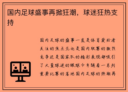 国内足球盛事再掀狂潮，球迷狂热支持