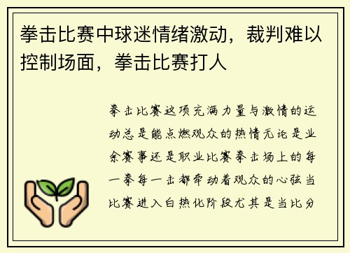 拳击比赛中球迷情绪激动，裁判难以控制场面，拳击比赛打人
