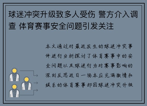 球迷冲突升级致多人受伤 警方介入调查 体育赛事安全问题引发关注