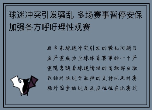 球迷冲突引发骚乱 多场赛事暂停安保加强各方呼吁理性观赛