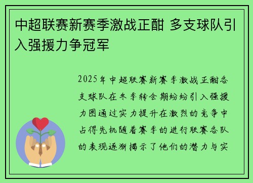中超联赛新赛季激战正酣 多支球队引入强援力争冠军