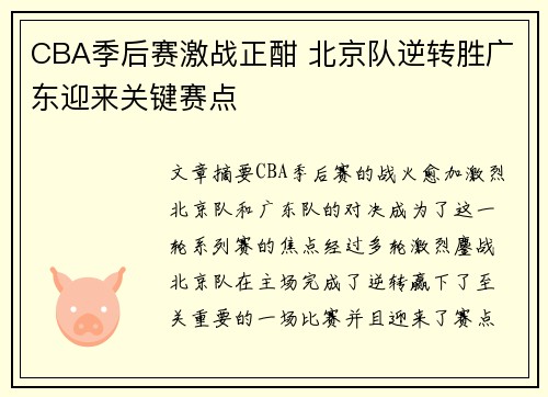 CBA季后赛激战正酣 北京队逆转胜广东迎来关键赛点